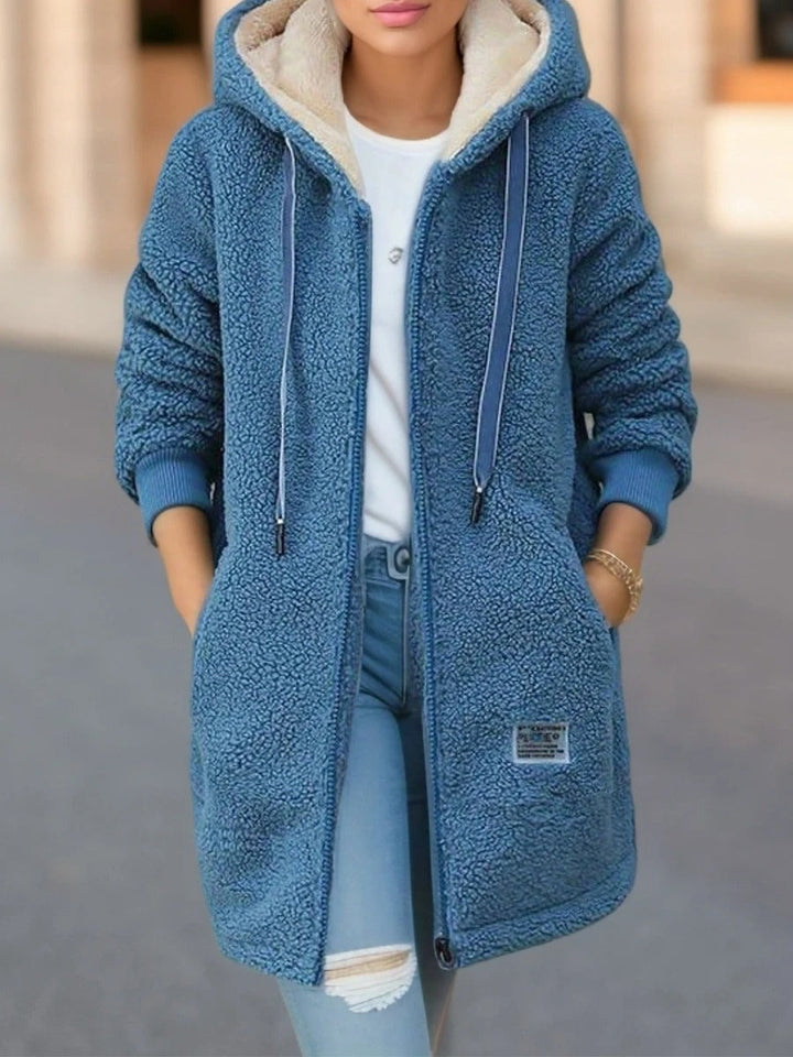 Sienna hooded teddy coat in blue, front view with hood up