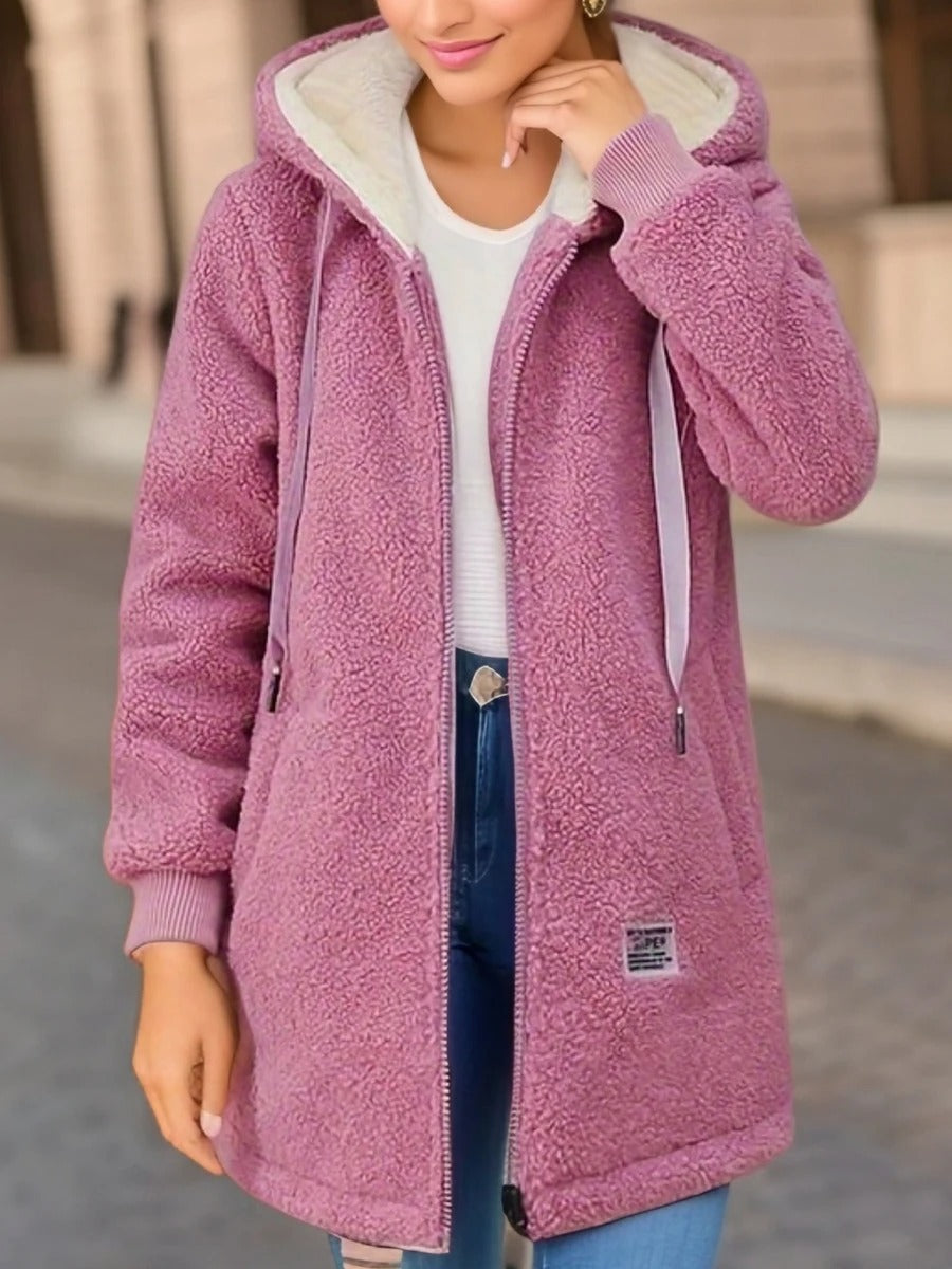 Sienna hooded teddy coat in pink, front view with hood down