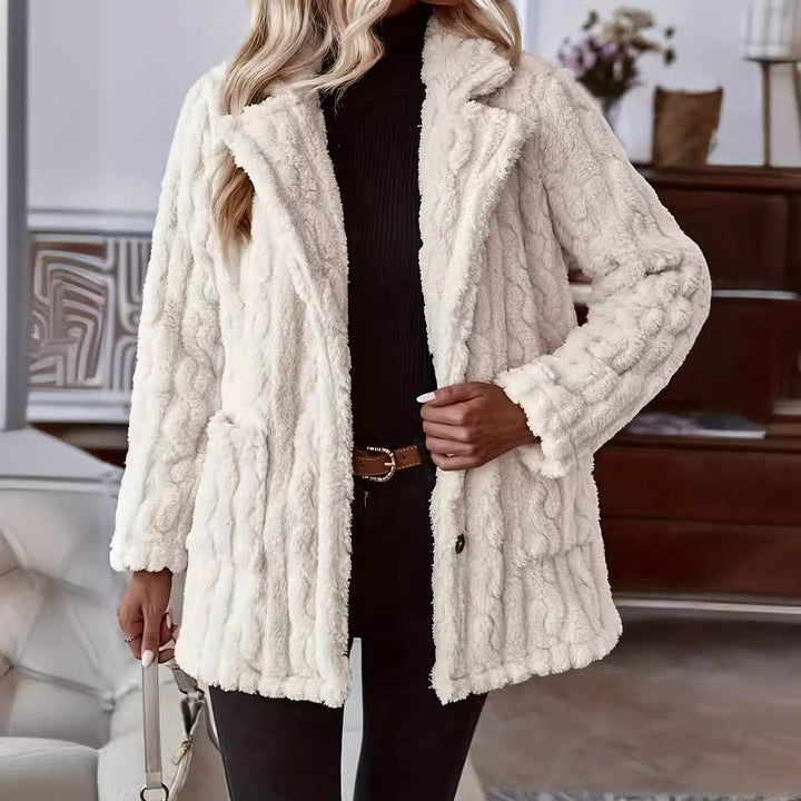 Sienna textured teddy coat with notched collar, front view open