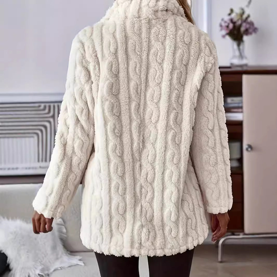 Sienna teddy coat back view showing cable-knit texture