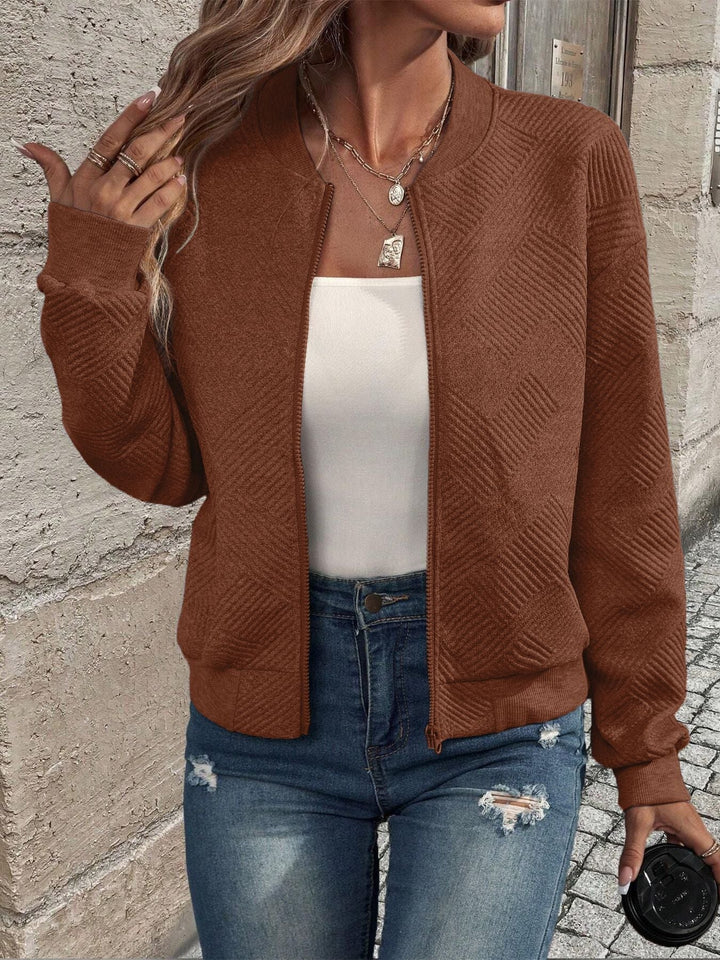 Sienna textured zip-up bomber jacket in brown, close-up detail