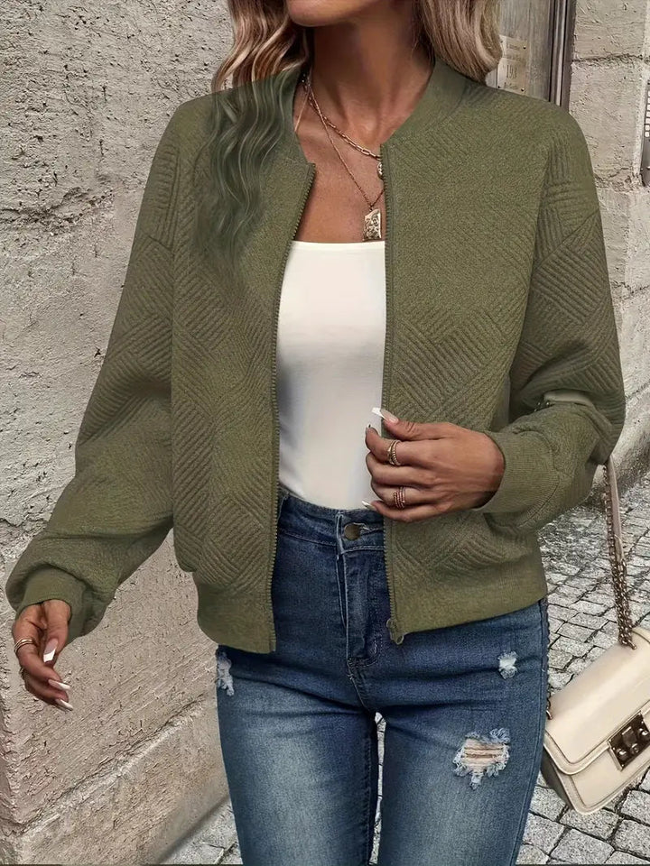 Sienna textured zip-up bomber jacket in army green, front view close-up