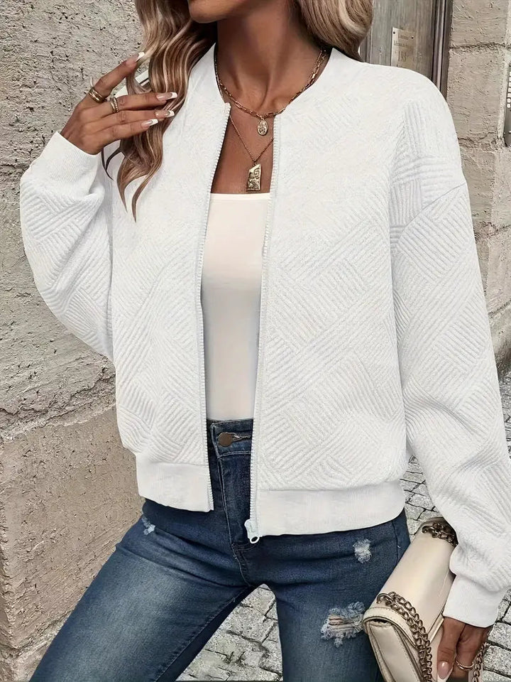 Sienna textured zip-up bomber jacket in white, front view close-up