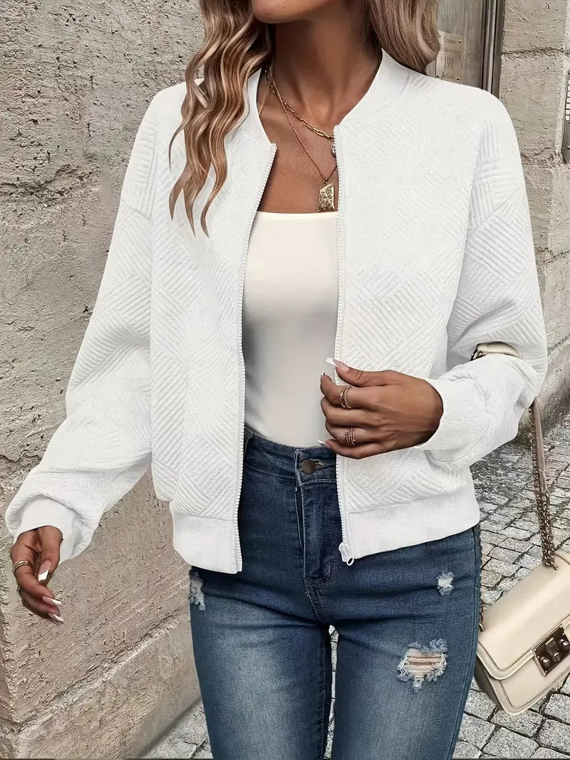 Sienna textured zip-up bomber jacket in white, front view