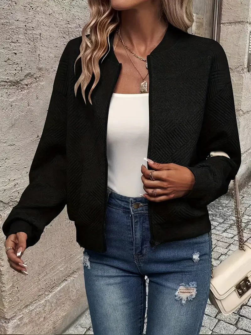 Sienna textured zip-up bomber jacket in black, front view close-up