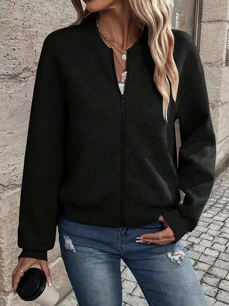 Sienna textured zip-up bomber jacket in black, front view