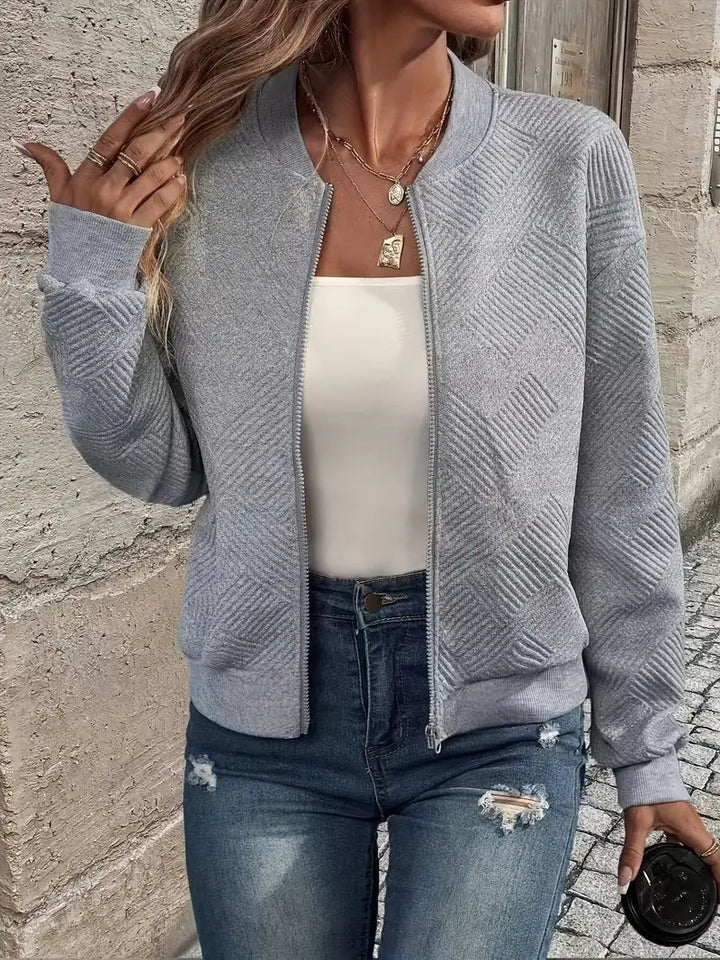 Sienna textured zip-up bomber jacket in gray, front view