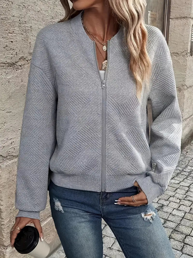Sienna textured zip-up bomber jacket in gray, close-up detail