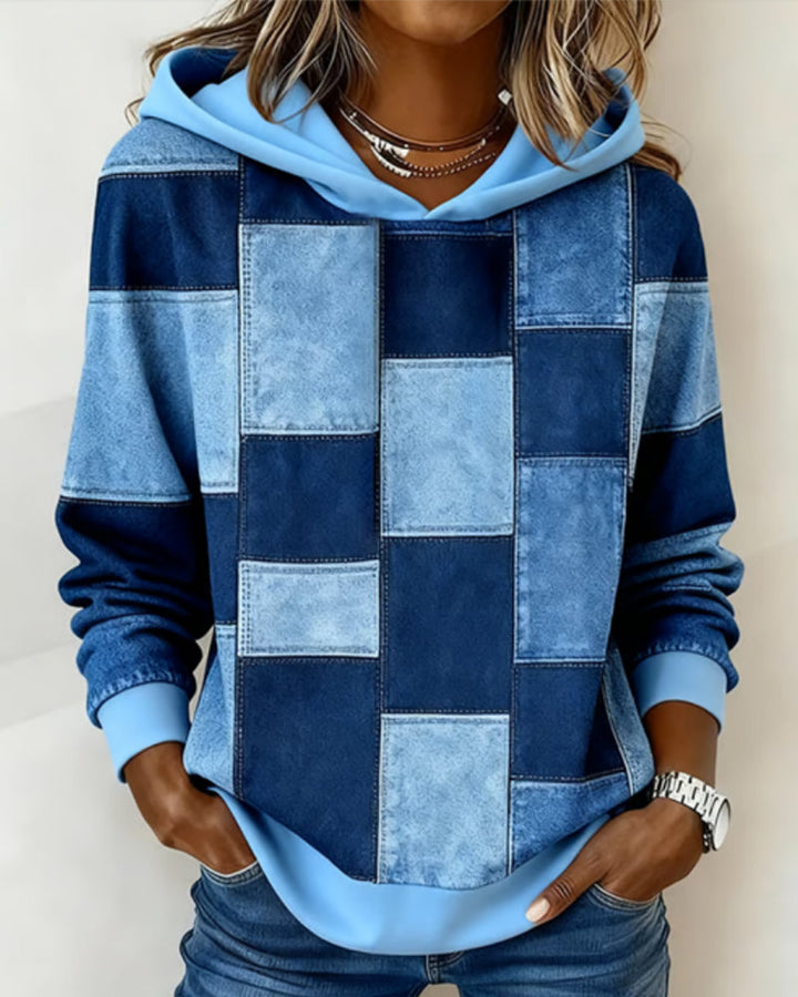 Sylvie patchwork colorblock hoodie in blue, front view close-up