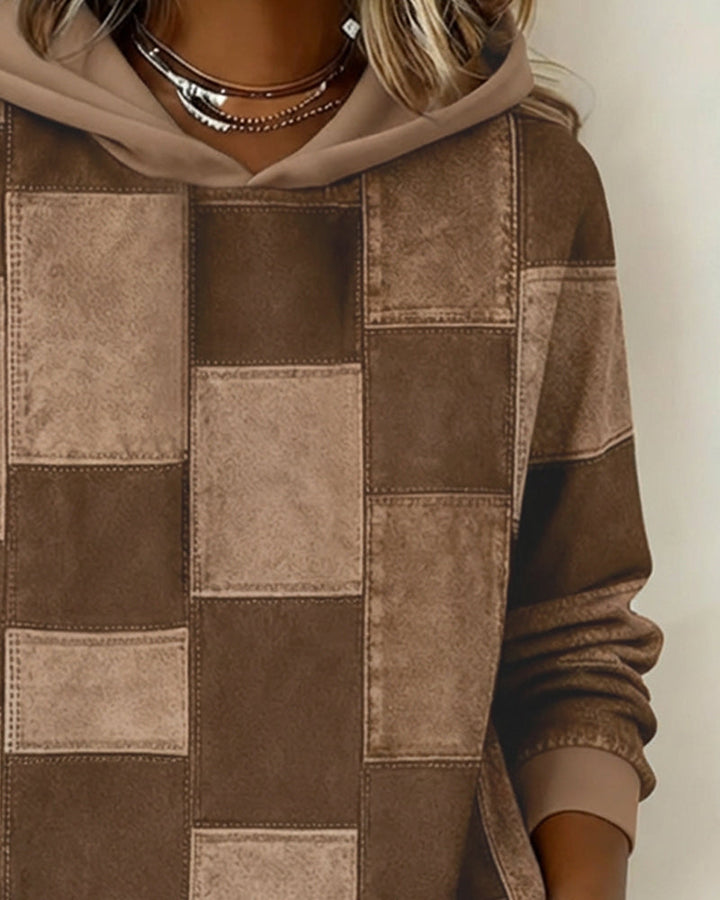 Sylvie patchwork colorblock hoodie in brown, hood and neckline detail