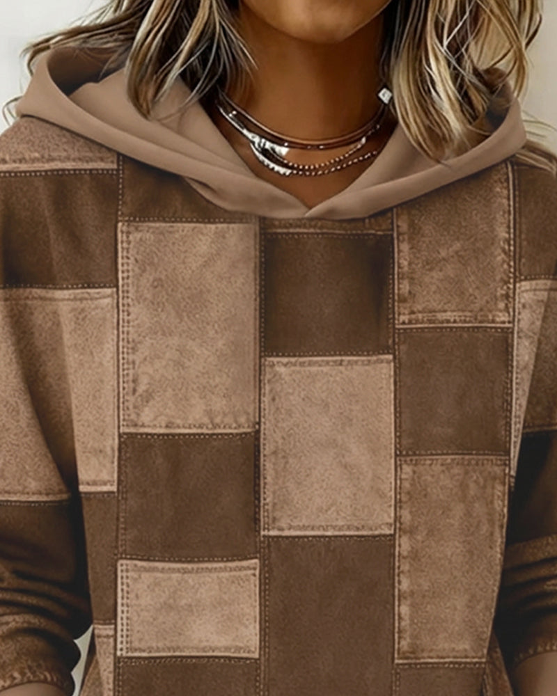 Sylvie patchwork colorblock hoodie in brown, hood and neckline detail
