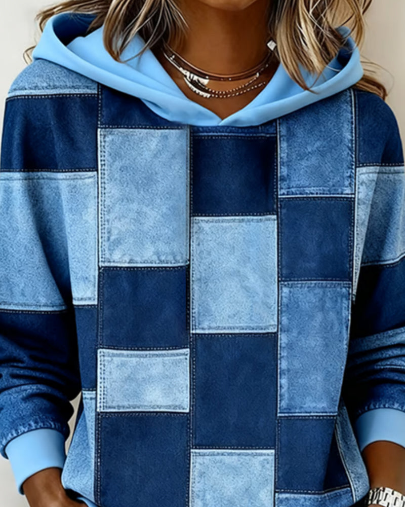 Sylvie patchwork colorblock hoodie in blue, hood and neckline detail