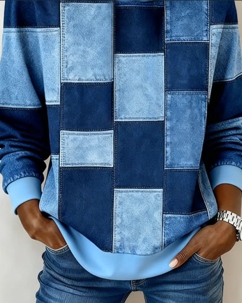 Sylvie patchwork colorblock hoodie in blue, front torso detail