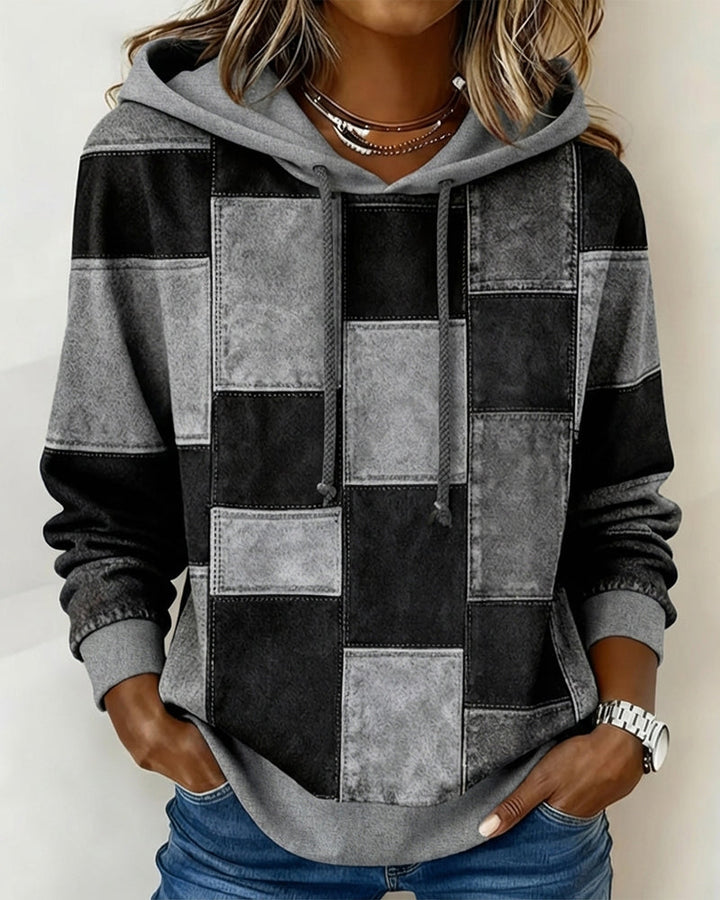 Sylvie patchwork colorblock hoodie in gray, front view