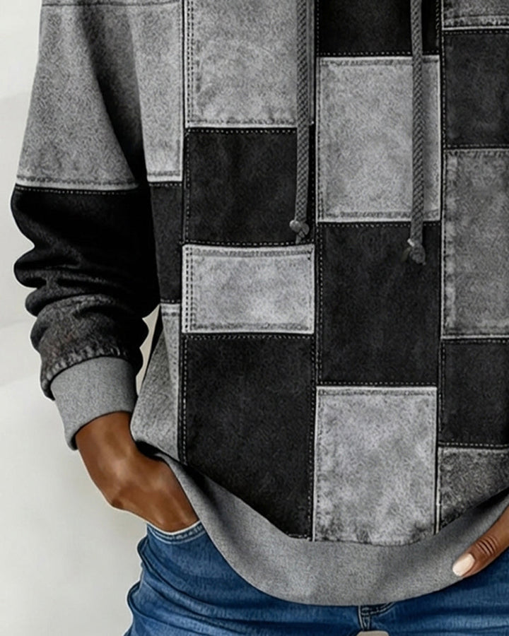 Sylvie patchwork colorblock hoodie in gray, sleeve and hem detail