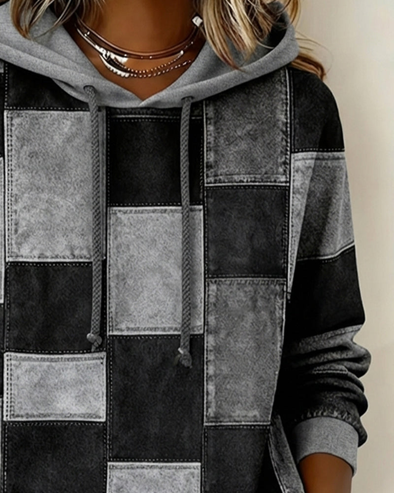 Sylvie patchwork colorblock hoodie in gray, hood and neckline detail