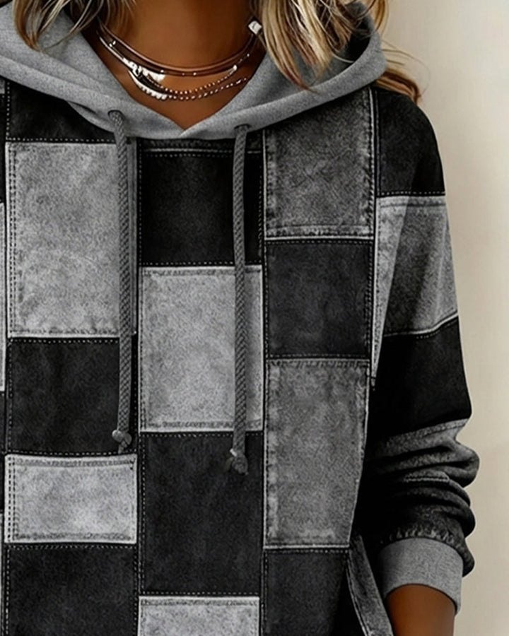 Sylvie patchwork colorblock hoodie in gray, hood and neckline detail