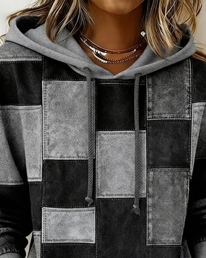 Sylvie patchwork colorblock hoodie in gray, close-up neckline detail