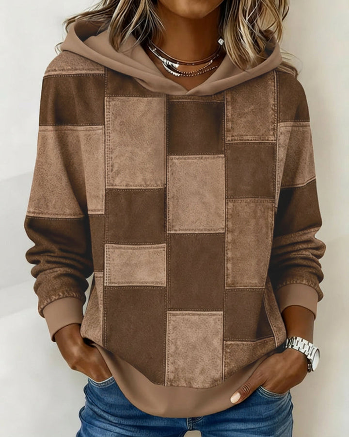 Sylvie patchwork colorblock hoodie in brown, front view