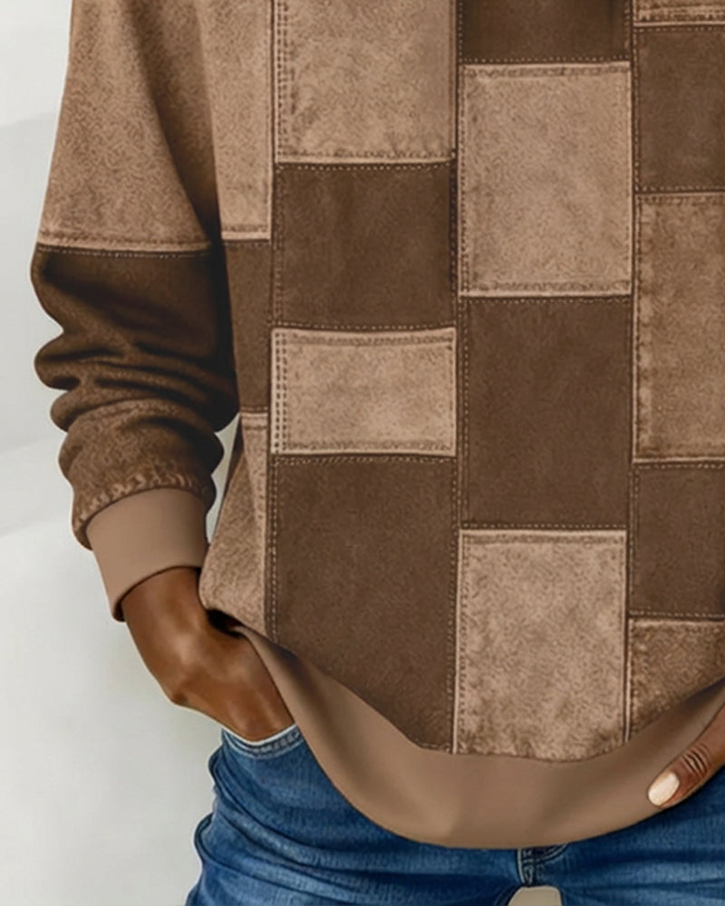 Sylvie patchwork colorblock hoodie in brown, sleeve and hem detail