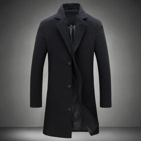 Theodore long formal winter coat in black, front view open