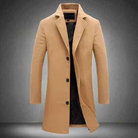 Theodore long formal winter coat in khaki, front view