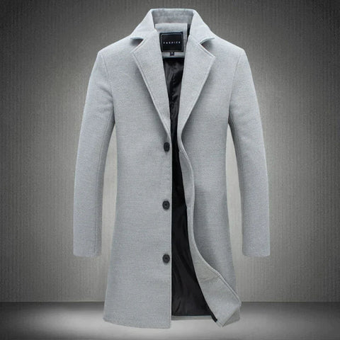 Theodore long formal winter coat in light grey, front view