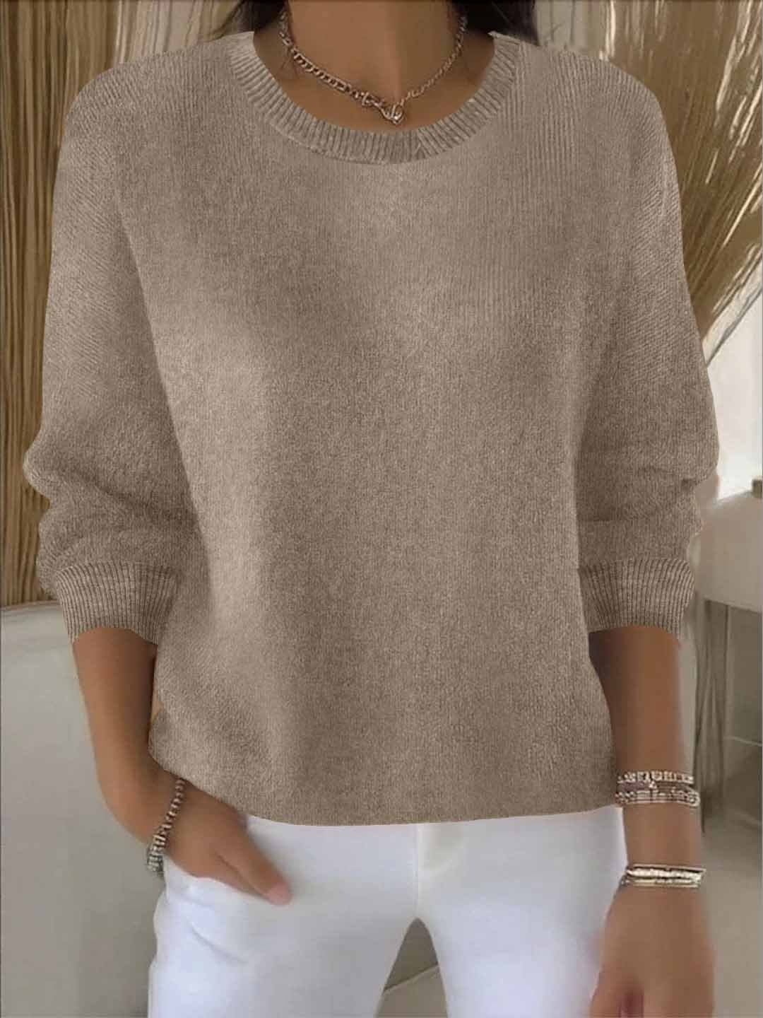Verity relaxed crew neck sweater in khaki, front view