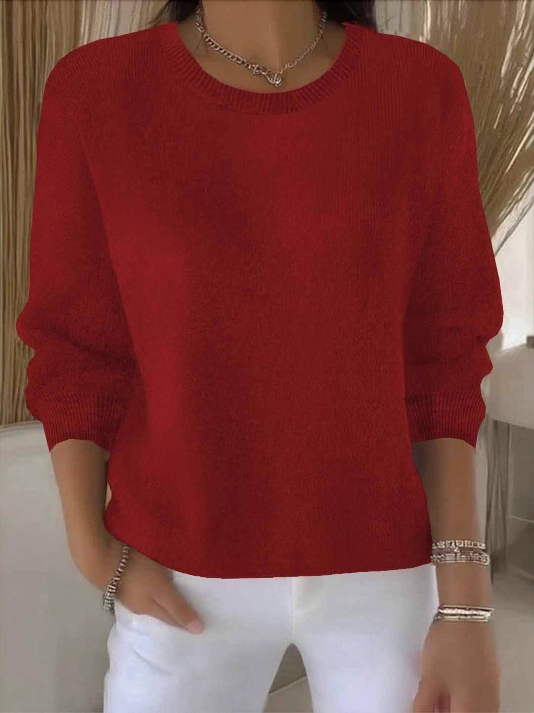 Verity relaxed crew neck sweater in red, front view