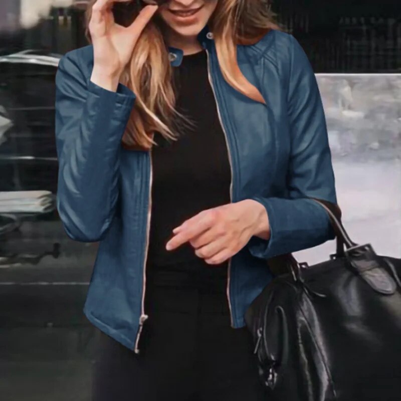Vesper faux leather jacket in blue, close-up of collar and zip
