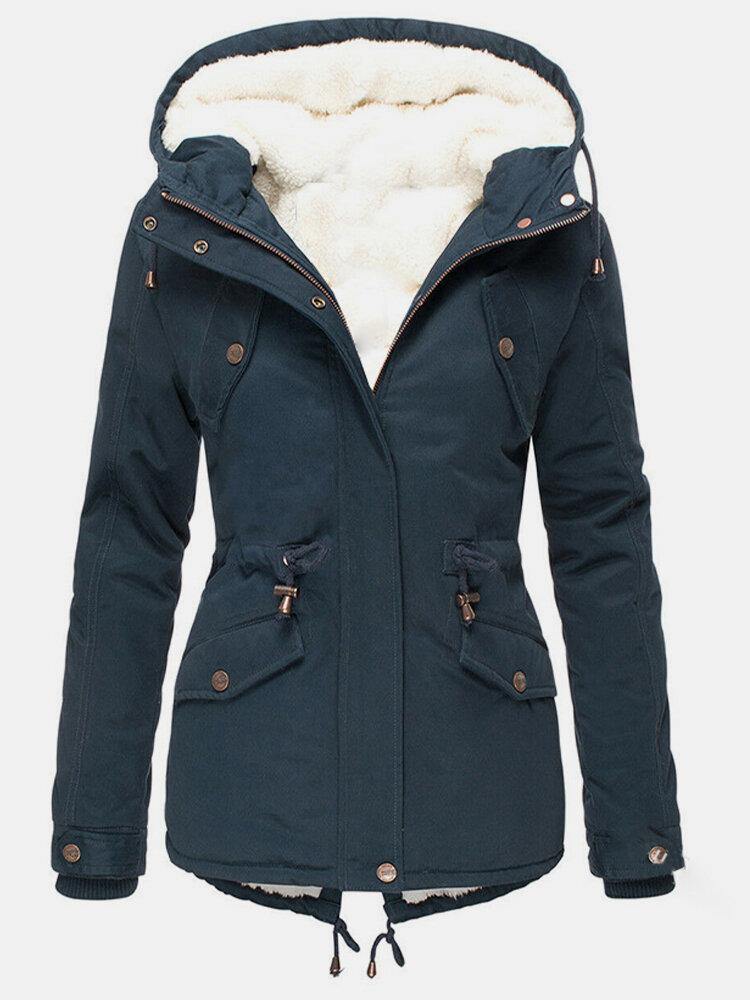 Vivienne navy hooded waterproof winter jacket, side angle view