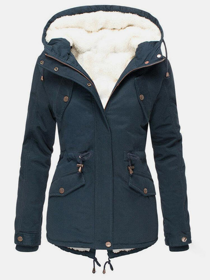 Vivienne navy hooded waterproof winter jacket, side angle view
