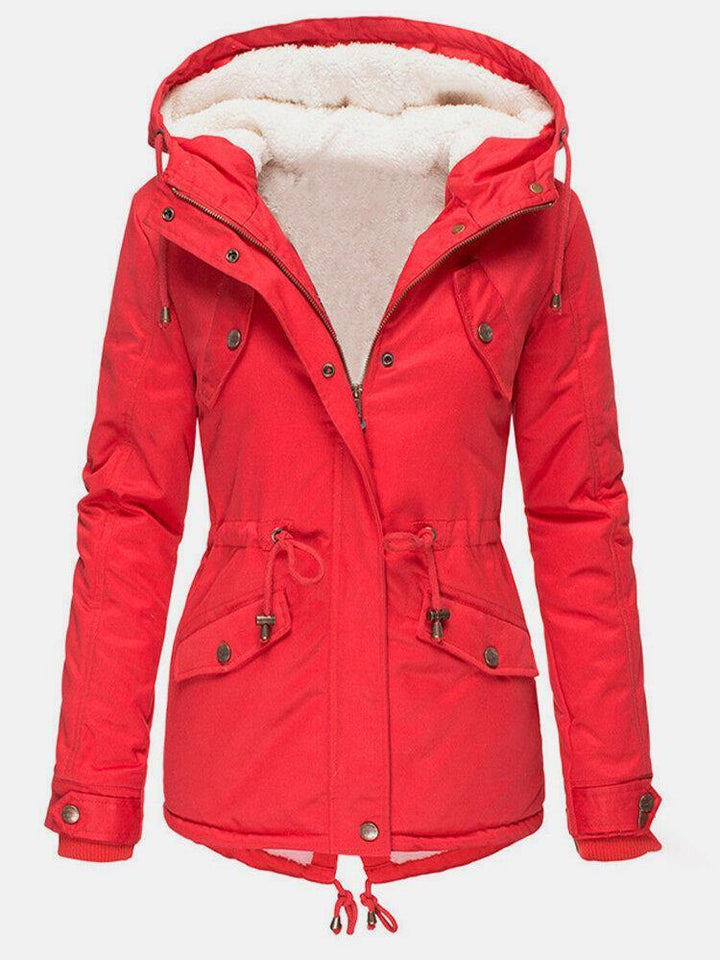 Vivienne navy hooded waterproof winter jacket, side angle view