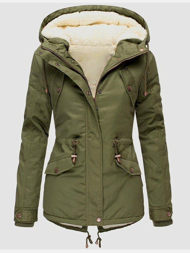 Vivienne navy hooded waterproof winter jacket, side angle view