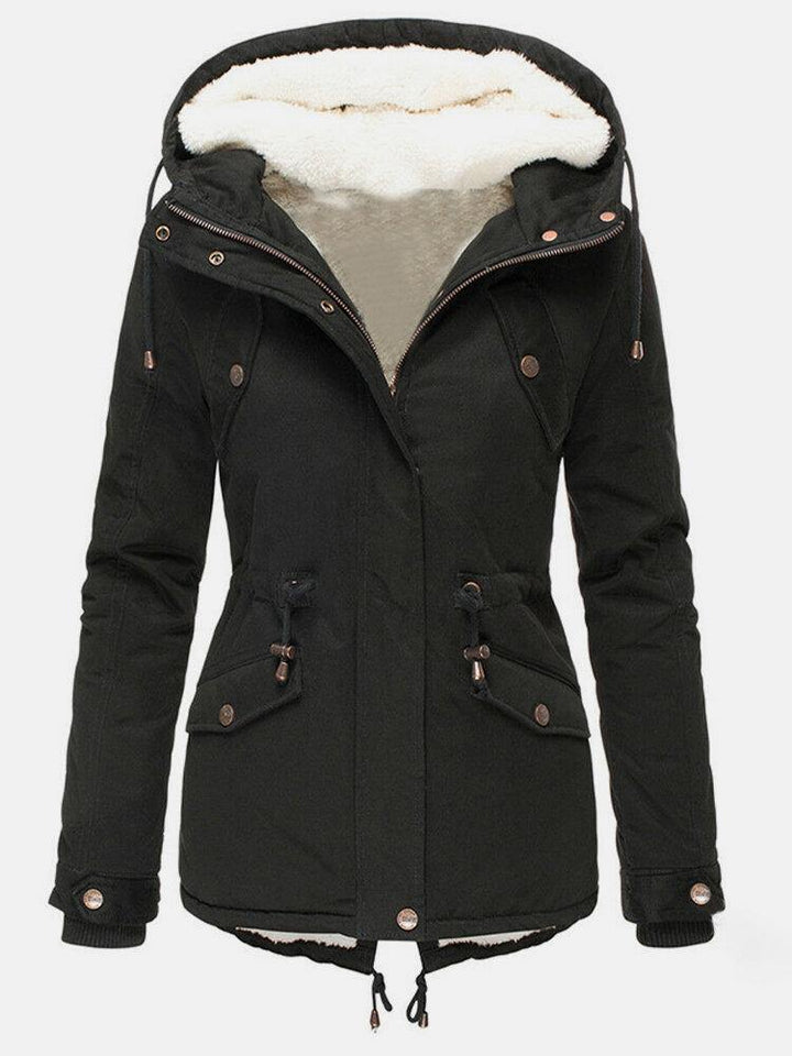 Vivienne navy hooded waterproof winter jacket, side angle view