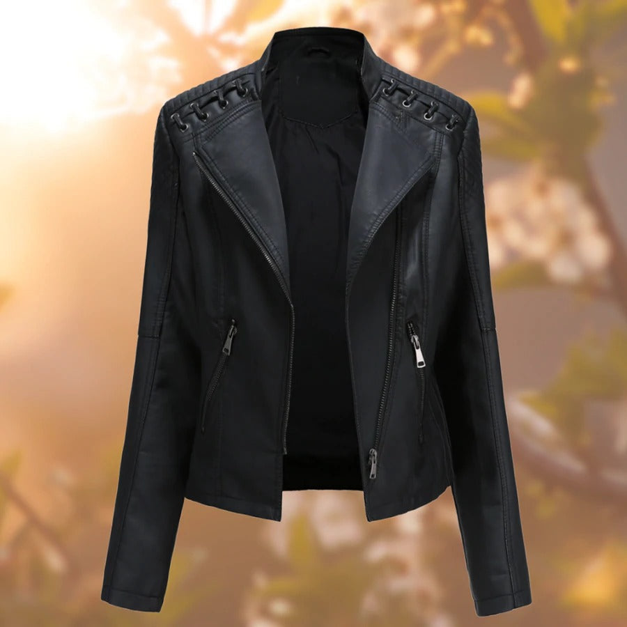 Vivienne cropped faux leather moto jacket, front view open