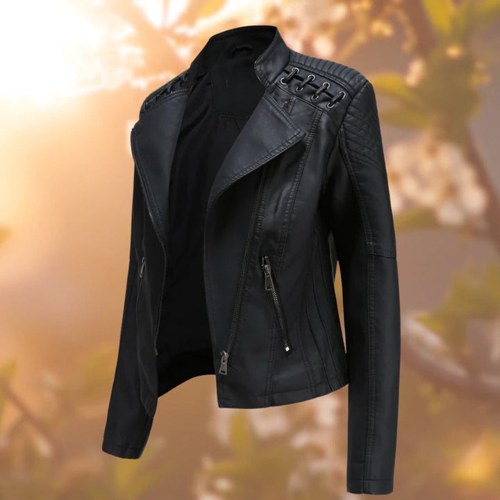 Vivienne cropped faux leather moto jacket, side angle view