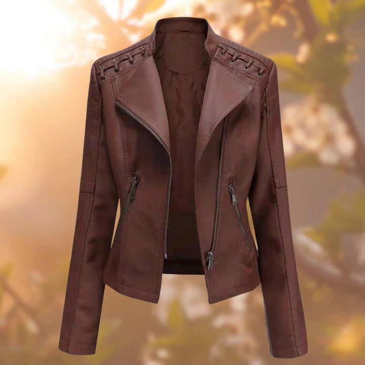 Vivienne faux leather jacket in dark brown, front view