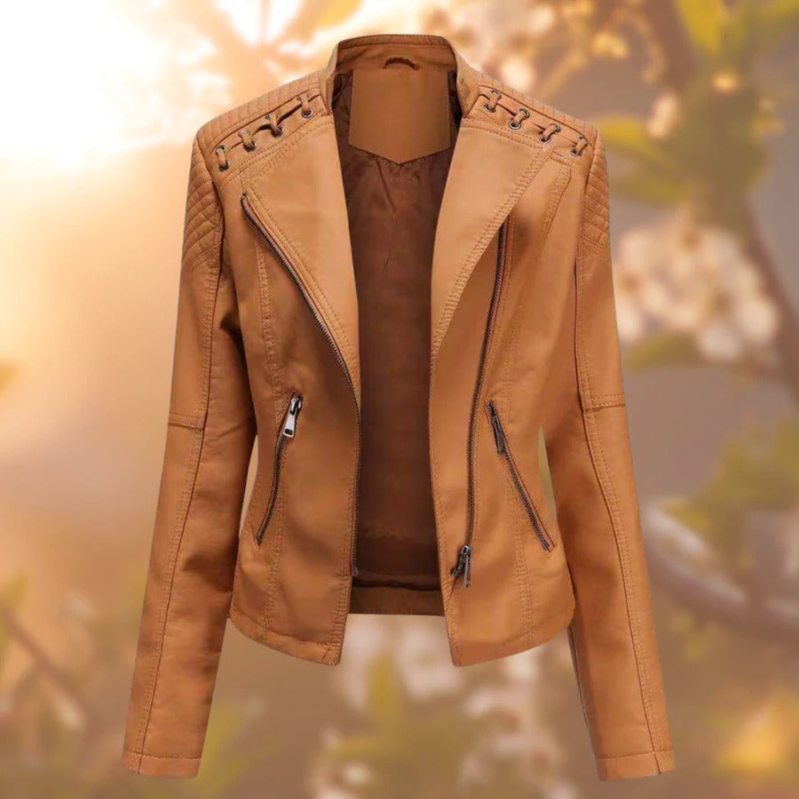Vivienne faux leather jacket in orange, front view