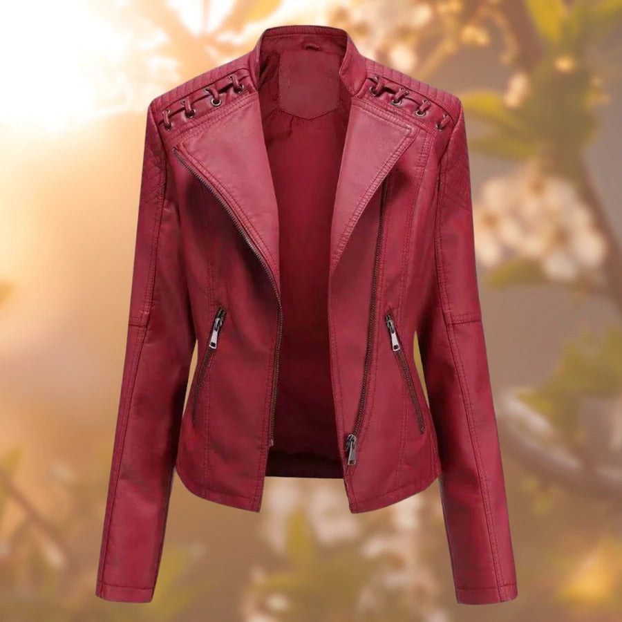 Vivienne faux leather jacket in dark red, front view