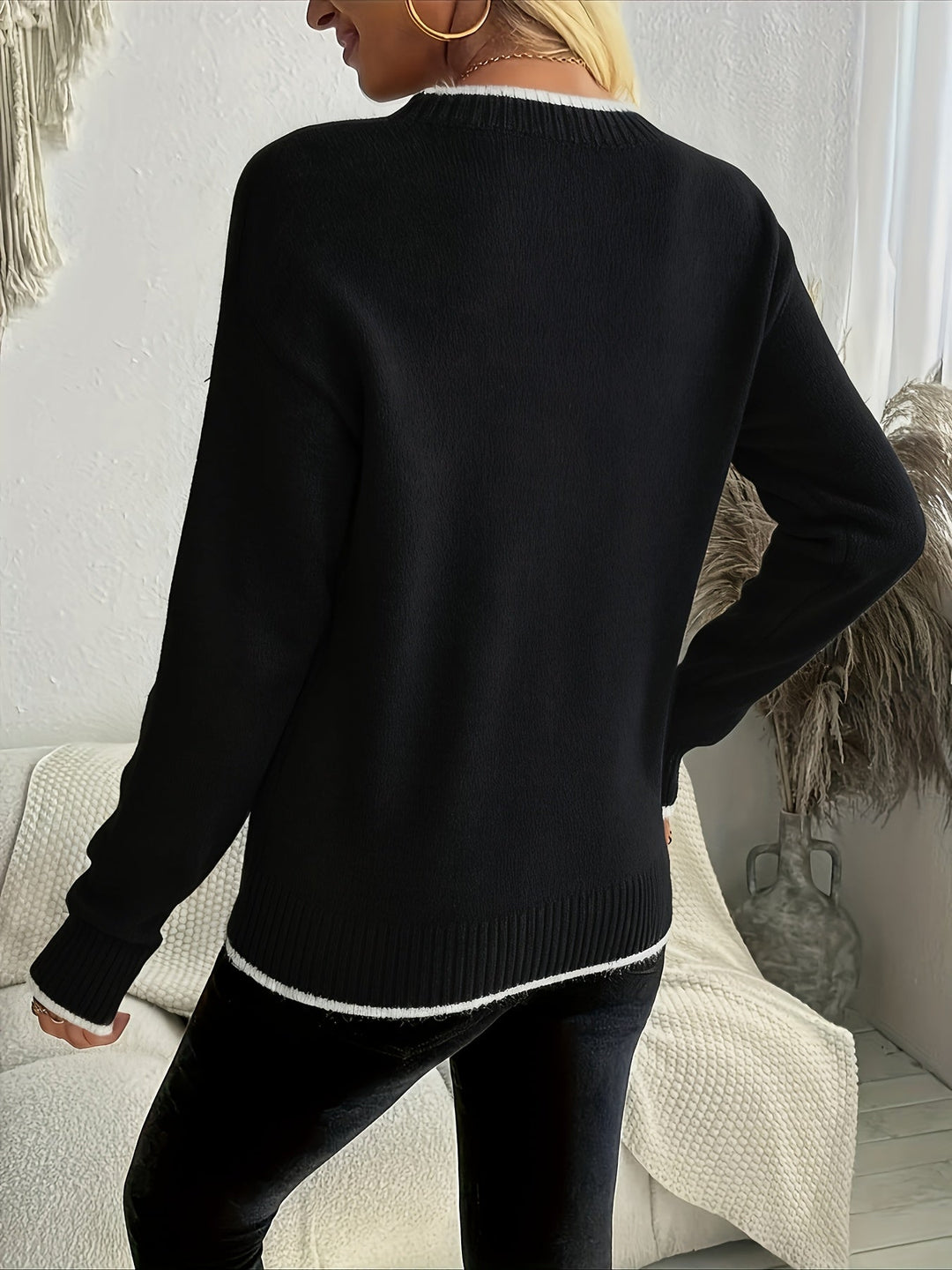 Vivienne snowflake crew neck sweater in black, back view