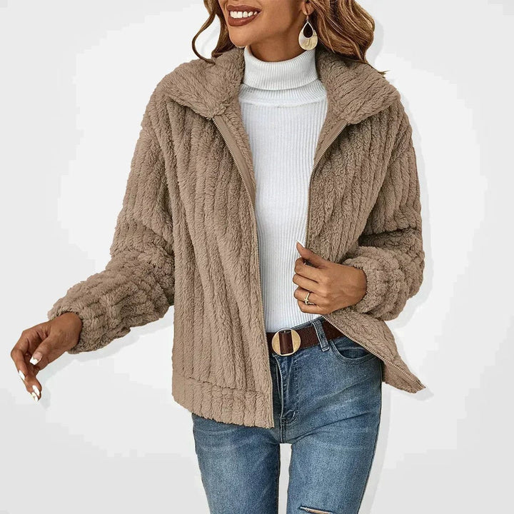 Vivienne wide lapel zip-up sherpa jacket in taupe, front view