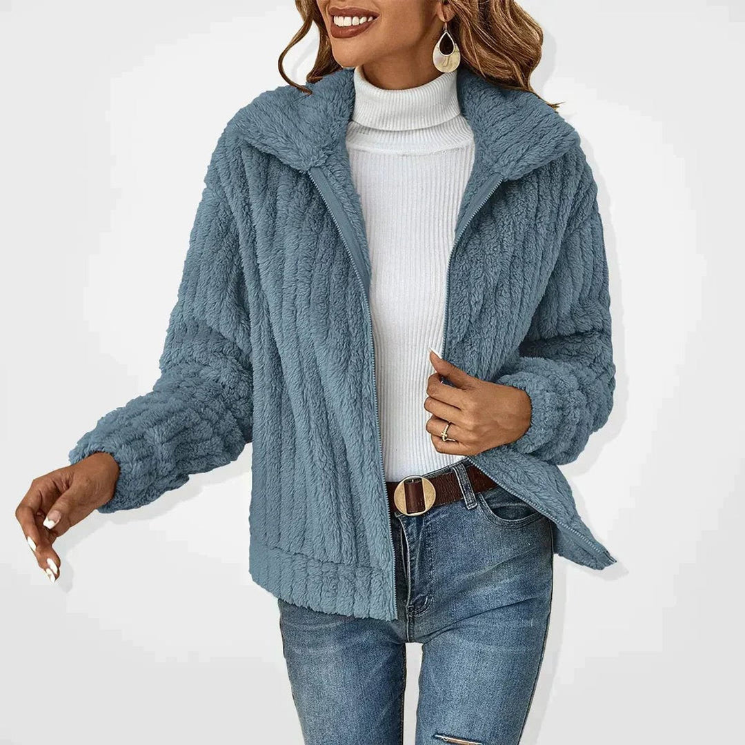 Vivienne wide lapel zip-up sherpa jacket in dusty blue, front view