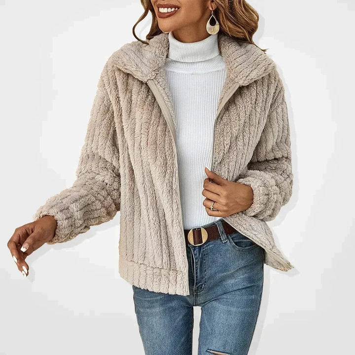 Vivienne wide lapel zip-up sherpa jacket in beige, front view