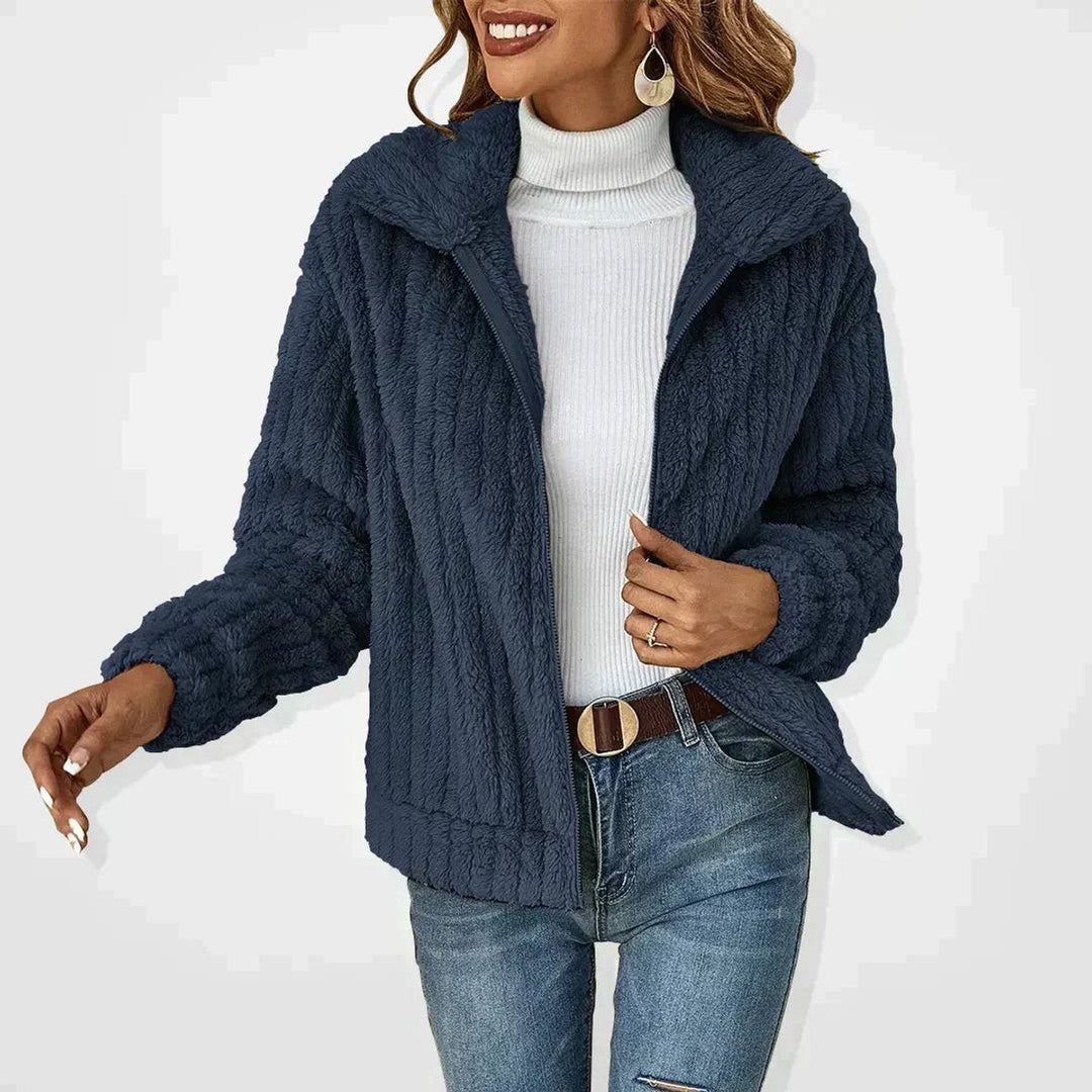 Vivienne wide lapel zip-up sherpa jacket in navy blue, front view