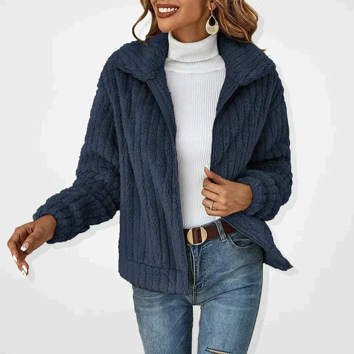 Vivienne wide lapel zip-up sherpa jacket in navy blue, front view