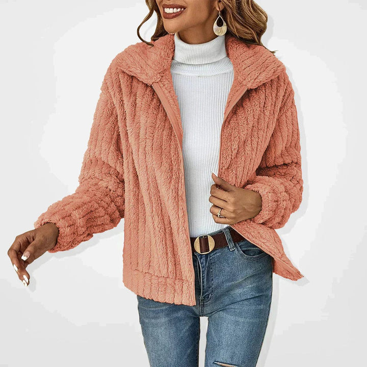 Vivienne wide lapel zip-up sherpa jacket in pink, front view