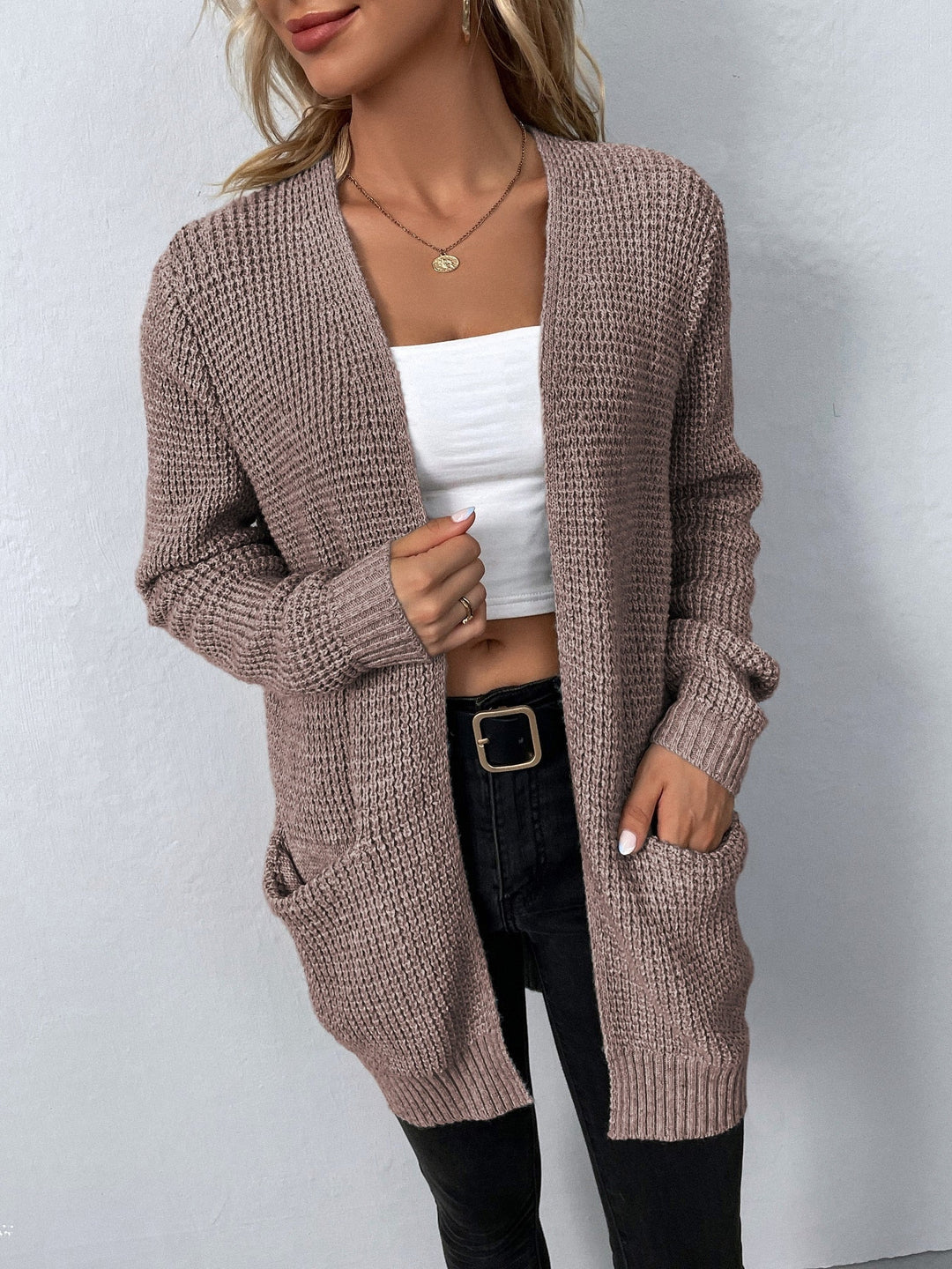 Willa taupe open front long sleeve knit cardigan with pockets