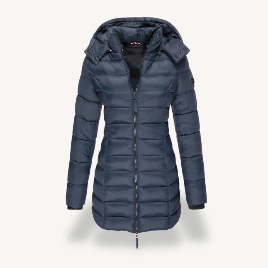 Willow hooded longline puffer jacket in navy blue, front view