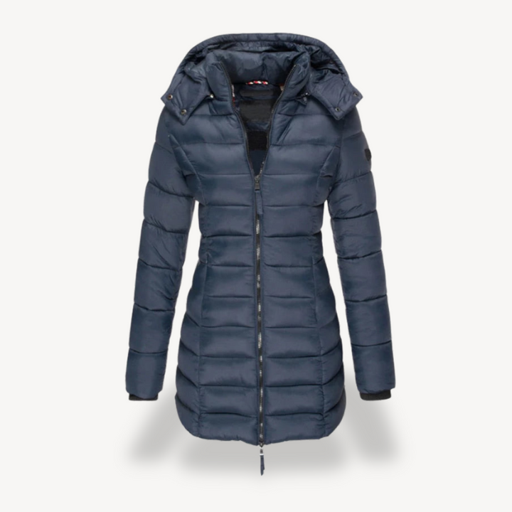 Willow hooded longline puffer jacket in navy blue, front view